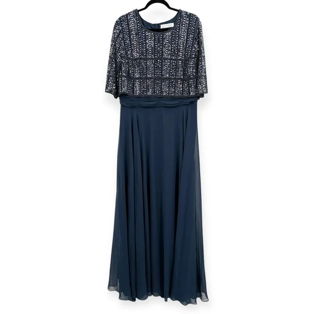 Mac Duggal NEW Chiffon Gown w/ Fully Beaded 3/4 Sleeve Top Navy $598 - Size‎ 18 - Picture 3 of 13